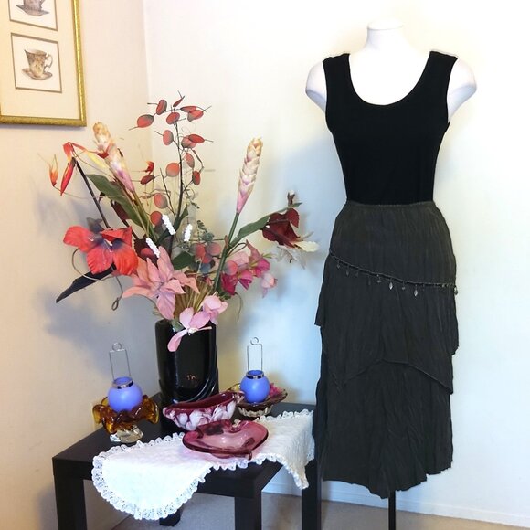 NWT Women Black 2-Layers of Tiered Lined Skirt Elastic High Waist Midi Skirts L - Picture 8 of 11